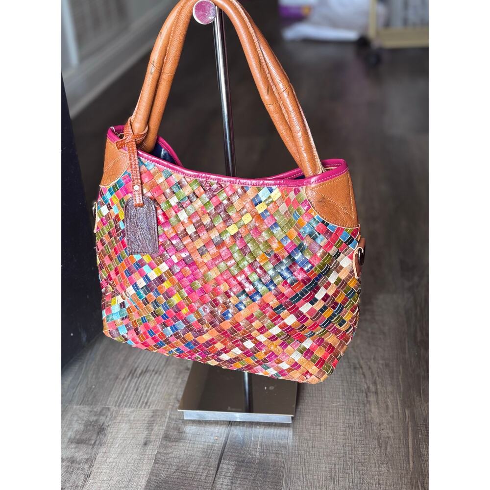 Spring Step L’Artiste Woven Leather Shoulder Tote Multicolor Artisan Bag pride